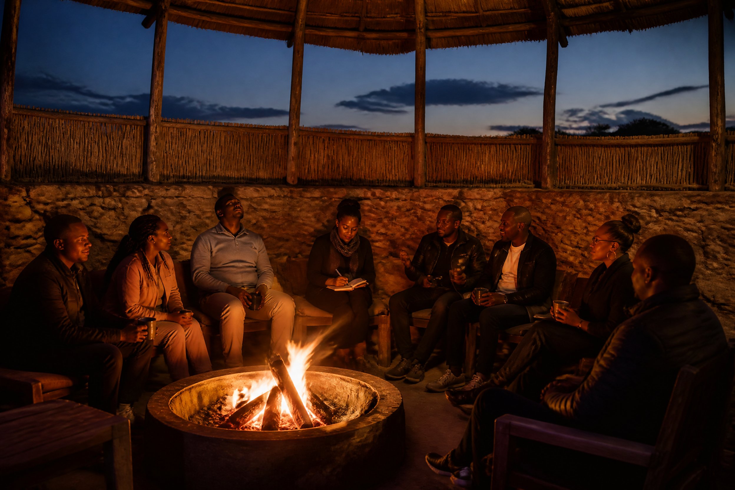 Team gathered around boma fire at dusk